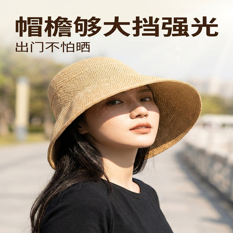 日本棉麻大檐防晒透气草帽女