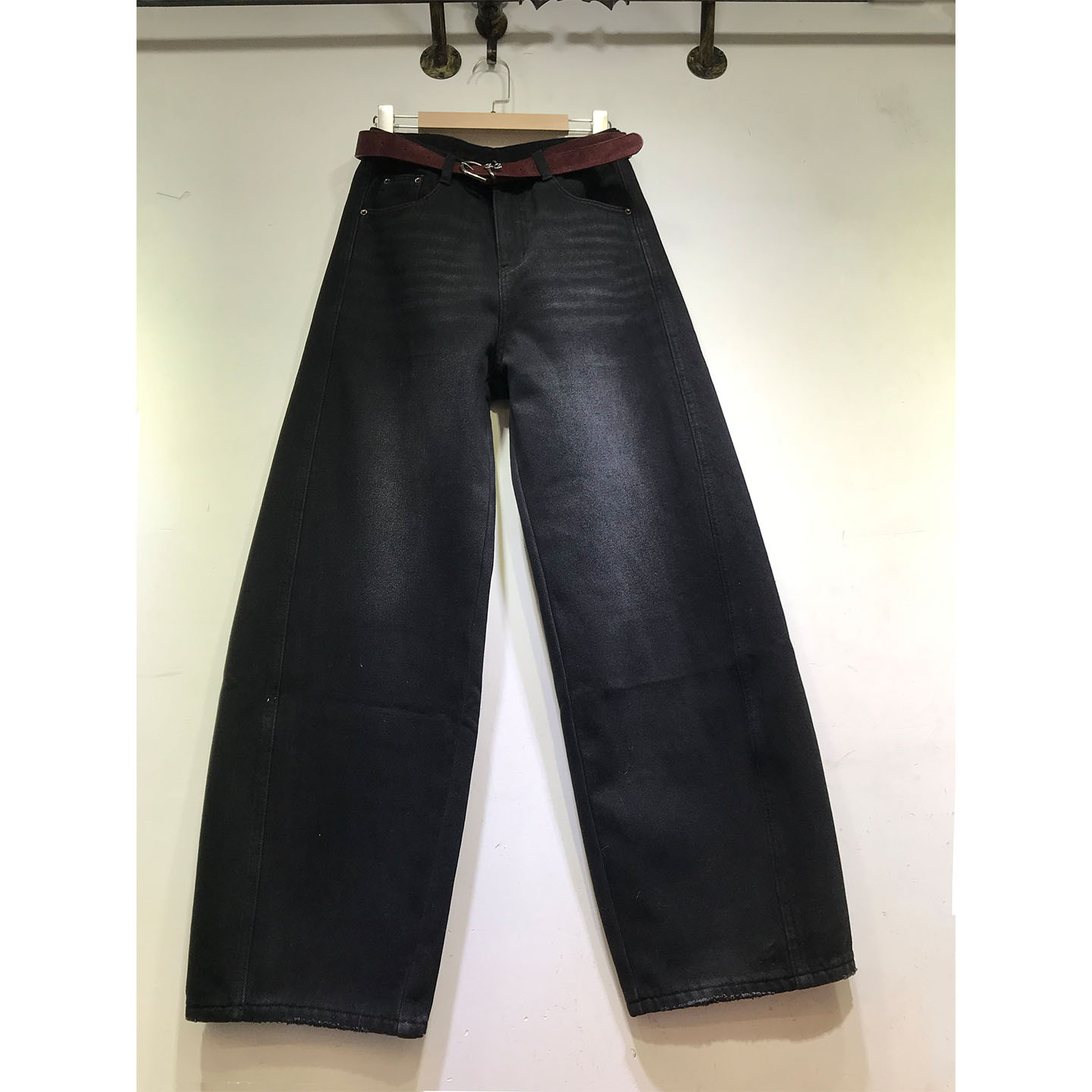 E野视角加厚复合绒弯刀裤女2025年冬季牛仔裤压线黑色长裤阔腿裤