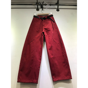 红色无弹力阔腿裤 拖地牛仔裤 女2025冬季 E野视角加厚复合绒弯刀裤