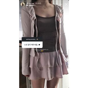韩国小众品牌BELLIALEU安哥拉兔毛蕾丝边捏褶吊带背心