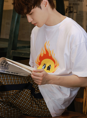 短袖 男女潮  向往的生活5张艺兴同款T恤白色火焰球 纯棉半袖