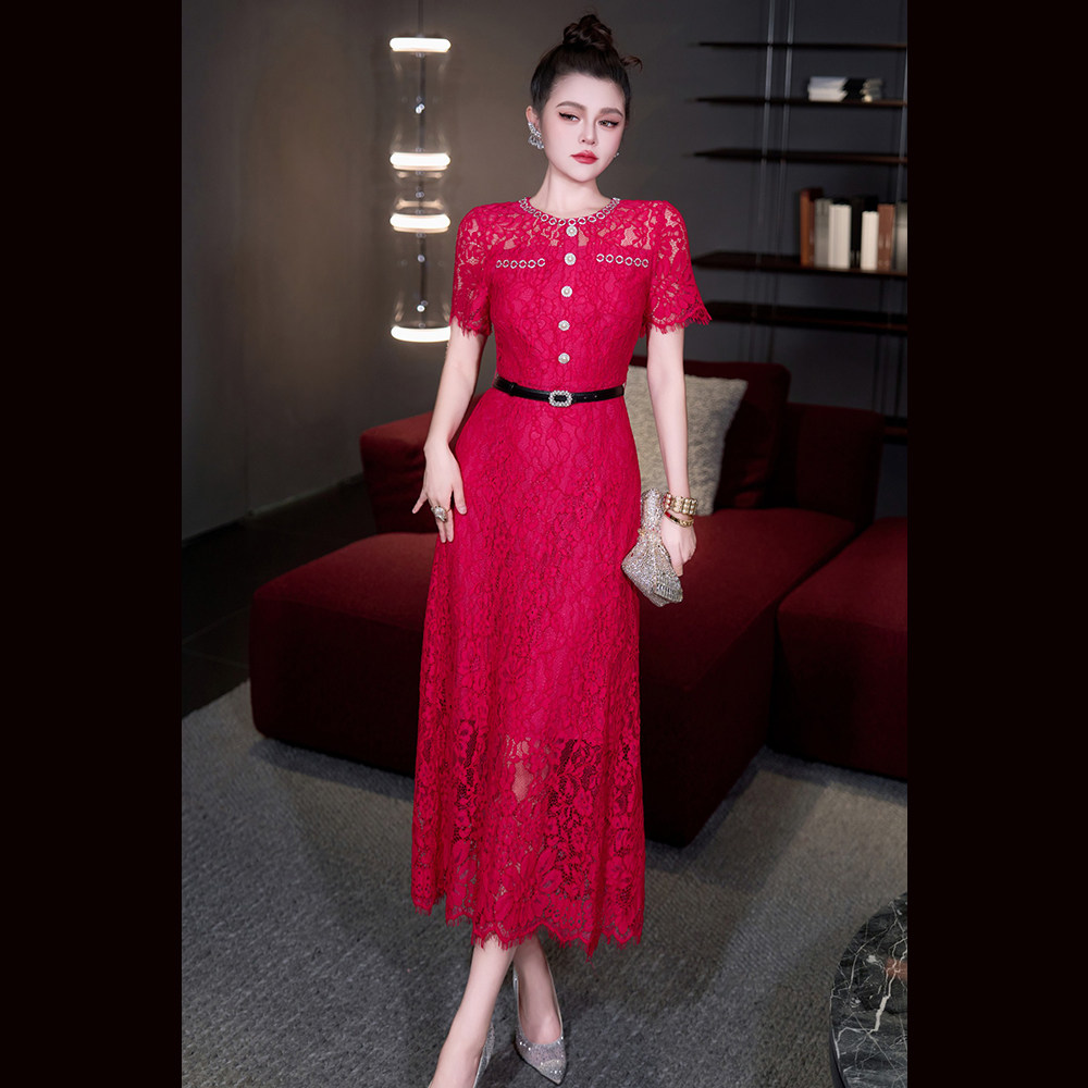 Women's dresss 法式轻奢2026春夏新款单排扣短袖蕾丝连衣裙宴会