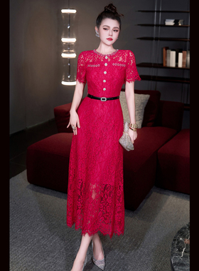 Women's dresss 法式轻奢2026春夏新款单排扣短袖蕾丝连衣裙宴会