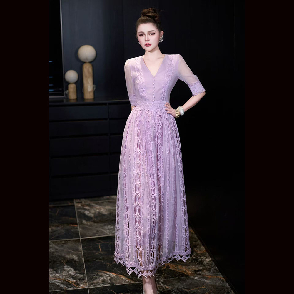 Wome's Dress 2026春夏新款高级感优雅天丝棉镂空绣花短袖连衣裙