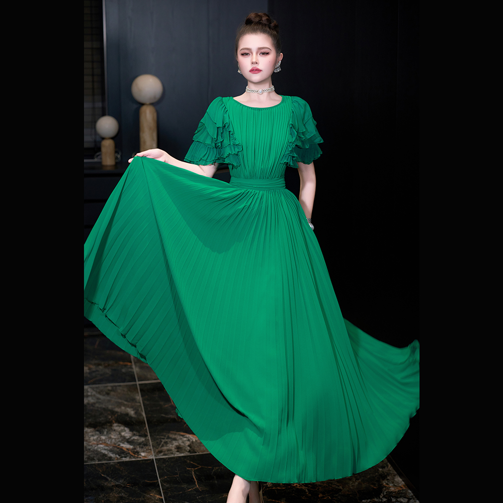 春夏法式轻奢绿色乔其收腰长裙