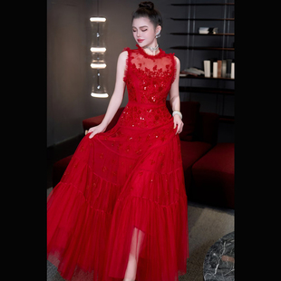 Women's Dress 高级感网纱重工绣珠管无袖收腰连衣裙长裙晏会新娘