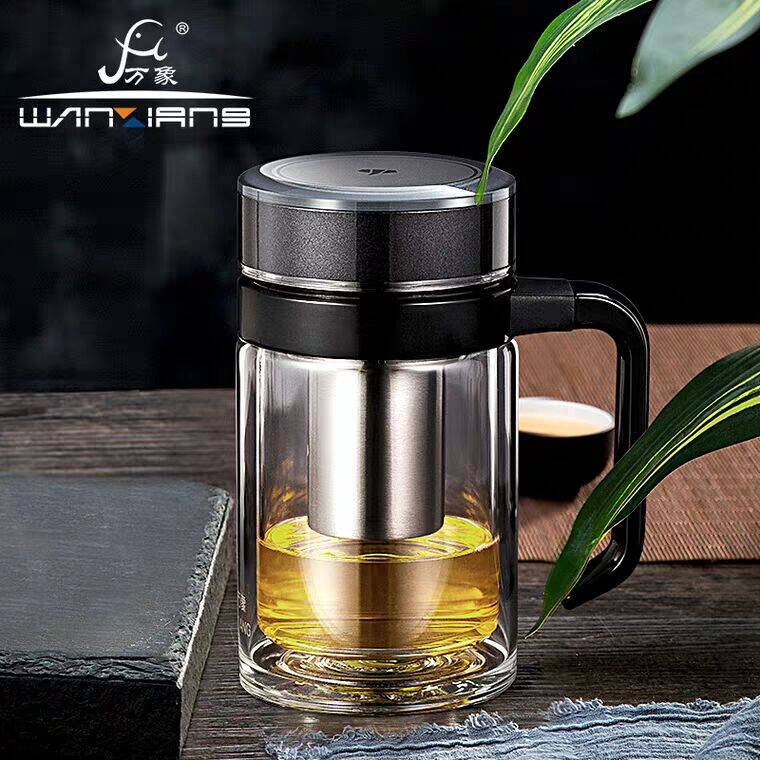 万象带手柄把双层玻璃杯男士商务办公带盖家用过滤泡茶水杯耐高温