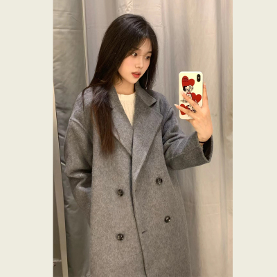 灰色小个子中长款毛呢大衣外套