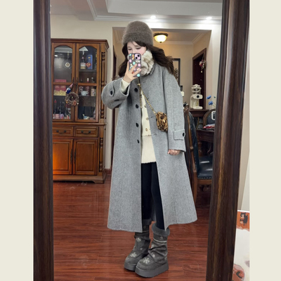 韩系灰色翻领单排扣呢子大衣