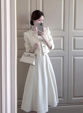 法式名媛风小香风毛呢套装女秋冬季温柔白色外套无袖连衣裙两件套