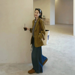 韩系复古黄色西装外套女春秋季新款高级感休闲宽松百搭西服上衣