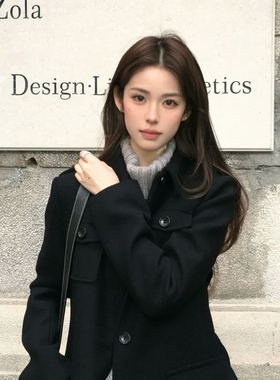 黑色翻领单排扣系带毛呢外套女秋冬季气质通勤风收腰显瘦呢子上衣