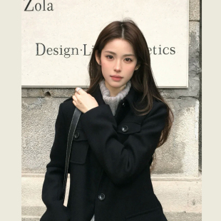 黑色翻领单排扣系带毛呢外套女秋冬季 气质通勤风收腰显瘦呢子上衣