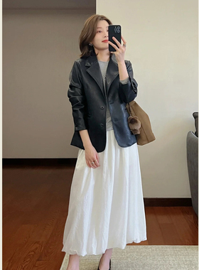 黑色宽松廓形西装皮衣外套女春秋季简约高级小个子百搭休闲外套