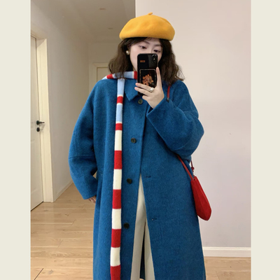 复古蓝色翻领中长款毛呢外套
