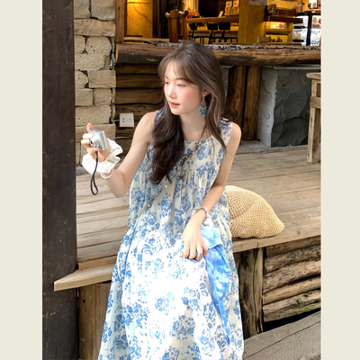 田园风蓝色碎花圆领背心连衣裙