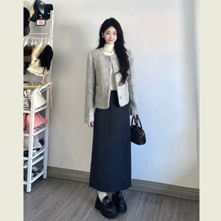 法式名媛风灰色小香风外套女秋冬季小个子显高毛呢外套短外套