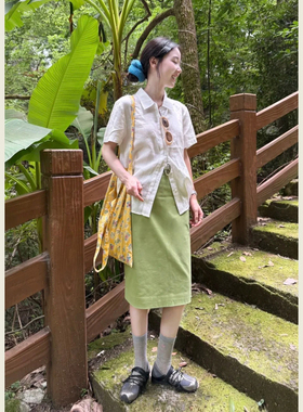 甜美风减龄时尚休闲套装女夏白色polo领短袖衬衫高腰半身裙两件套
