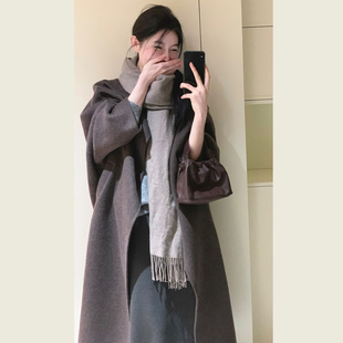 极简风灰雾咖色翻领毛呢大衣女秋冬季韩系慵懒宽松休闲呢子外套