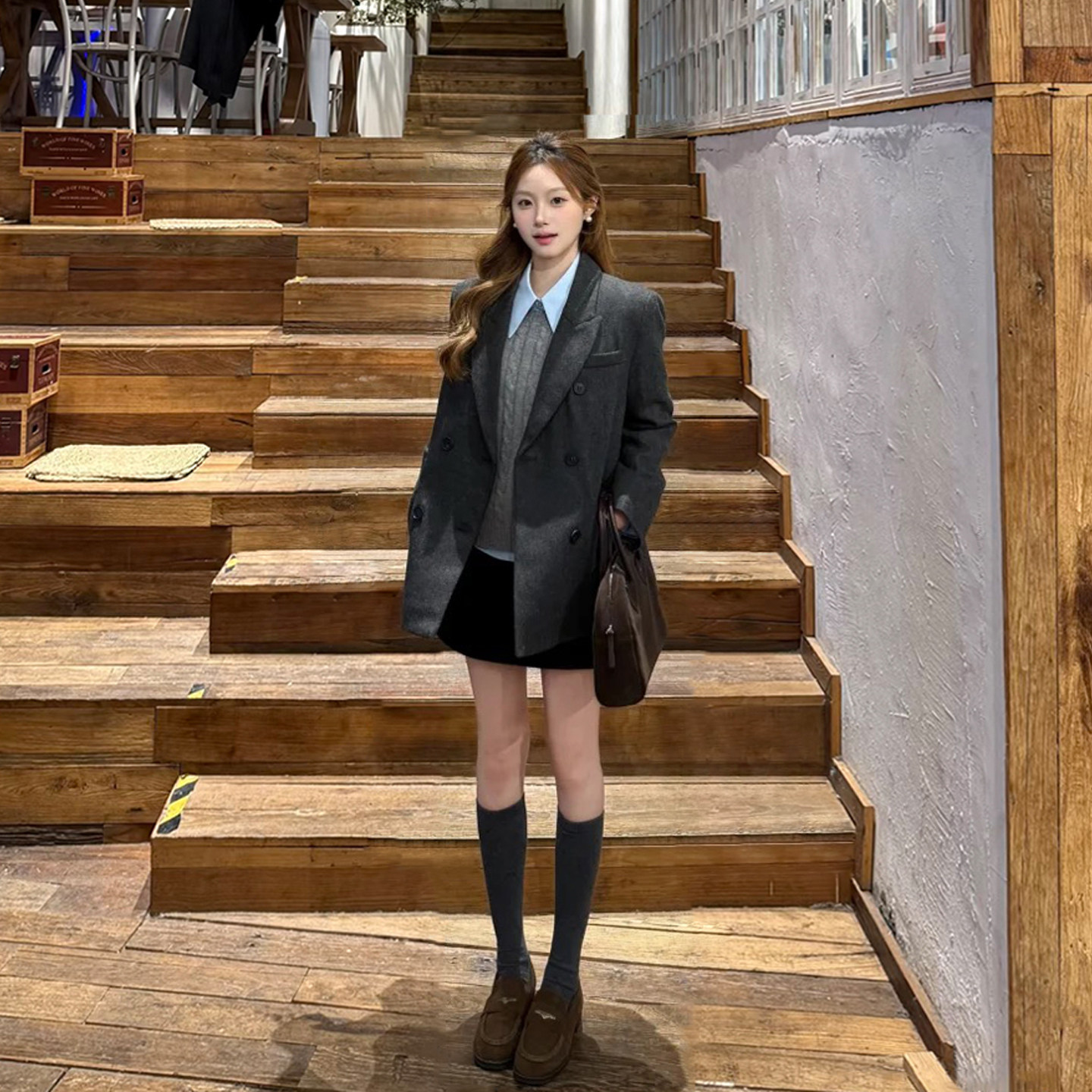 深花灰色宽松显瘦西装呢子上衣女秋冬季气质通勤英伦风毛呢外套