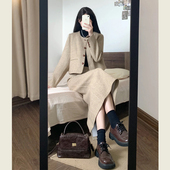 气质圆领短款 复古小香风毛呢套装 女冬季 呢子外套高腰半身裙两件套