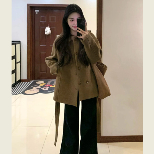 韩系高级感复古咖色小个子毛呢外套女秋冬收腰系带短款呢子大衣