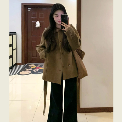 韩系高级感复古咖色毛呢外套