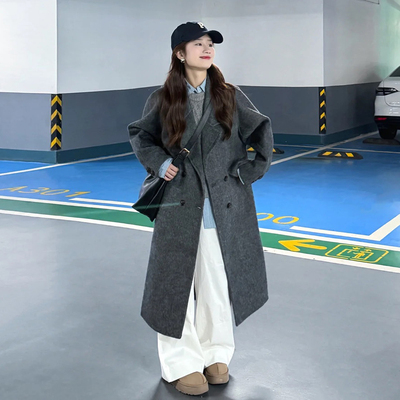 韩系灰色翻领双排扣毛呢外套