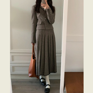 通勤灰色外套百褶裙两件套 女气质复古时尚 韩版 英伦学院风西服套装