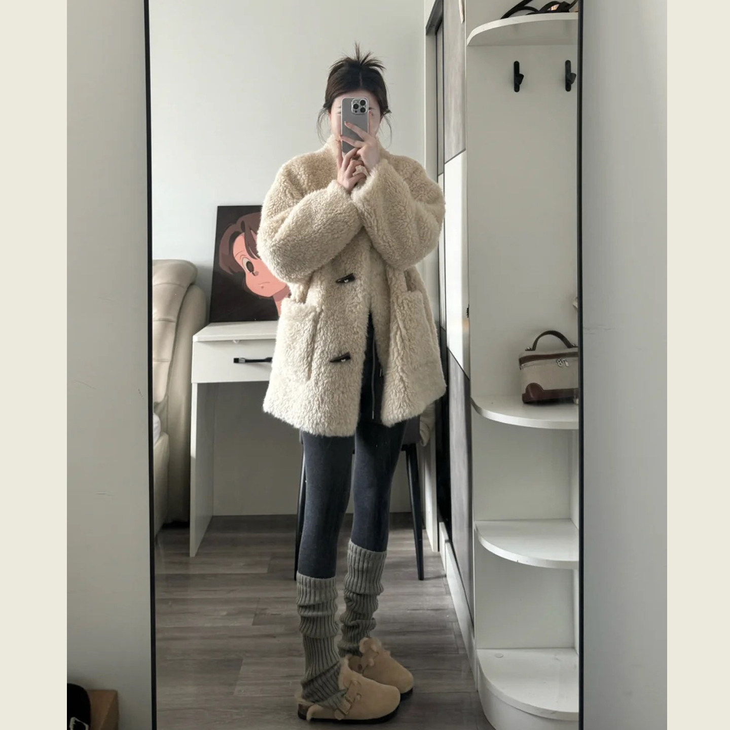 韩系米色中长款毛呢大衣女秋冬简约设计立领牛角扣圈圈毛百搭外套,女装/女士精品,毛呢外套,淘宝优惠券,粉丝福利购,淘宝优惠卷