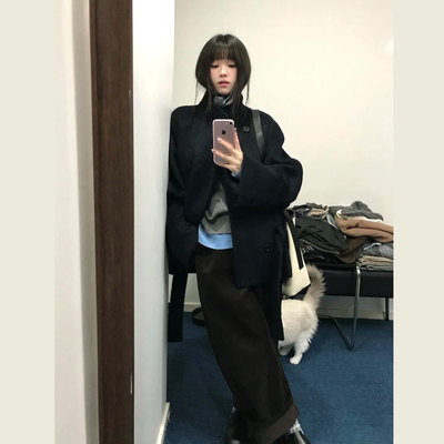 韩系藏青色立领短款毛呢外套