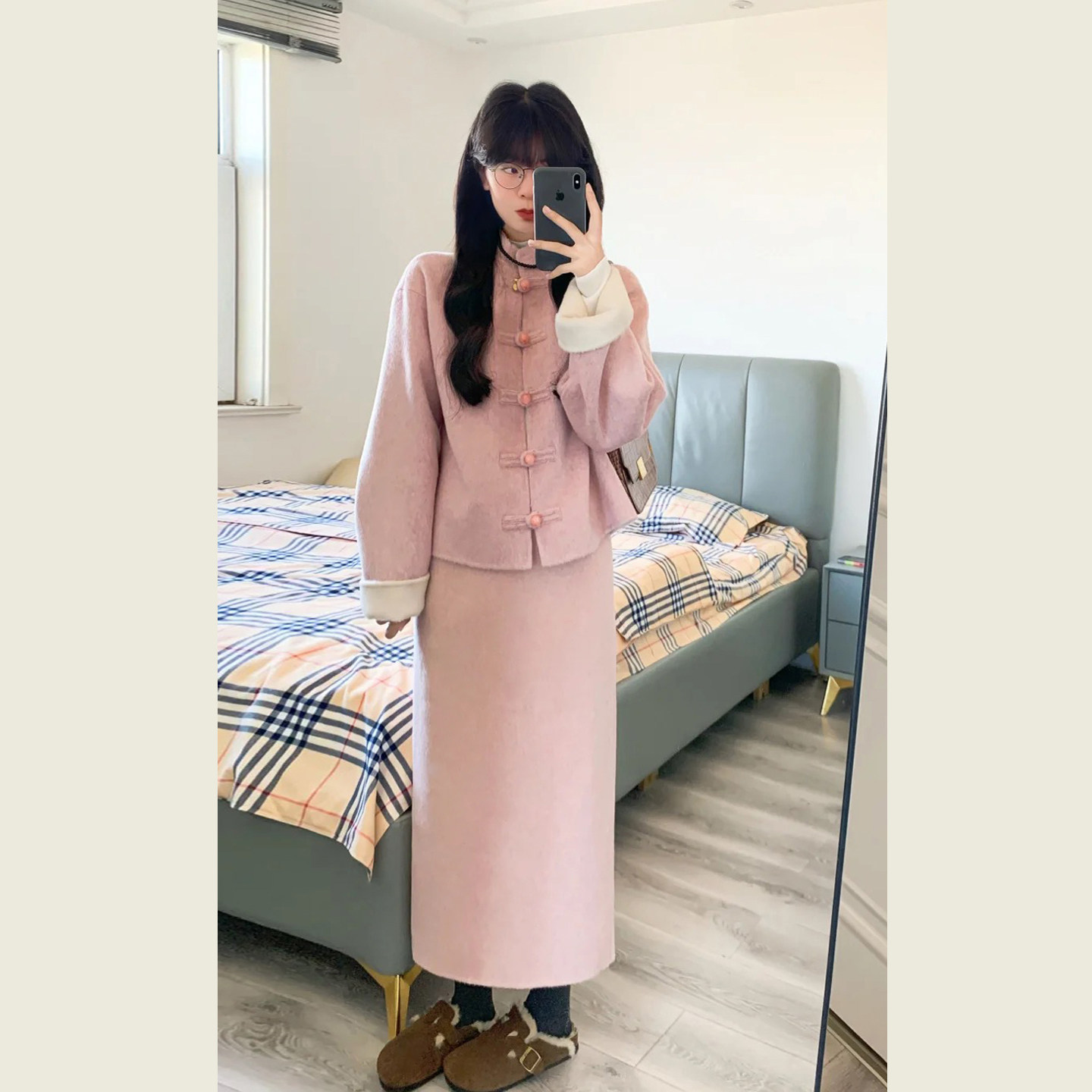 新中式粉色毛呢套装女国风气质名媛盘扣立领长袖上衣半身裙两件套,女装/女士精品,毛呢外套,淘宝优惠券,粉丝福利购,淘宝优惠卷