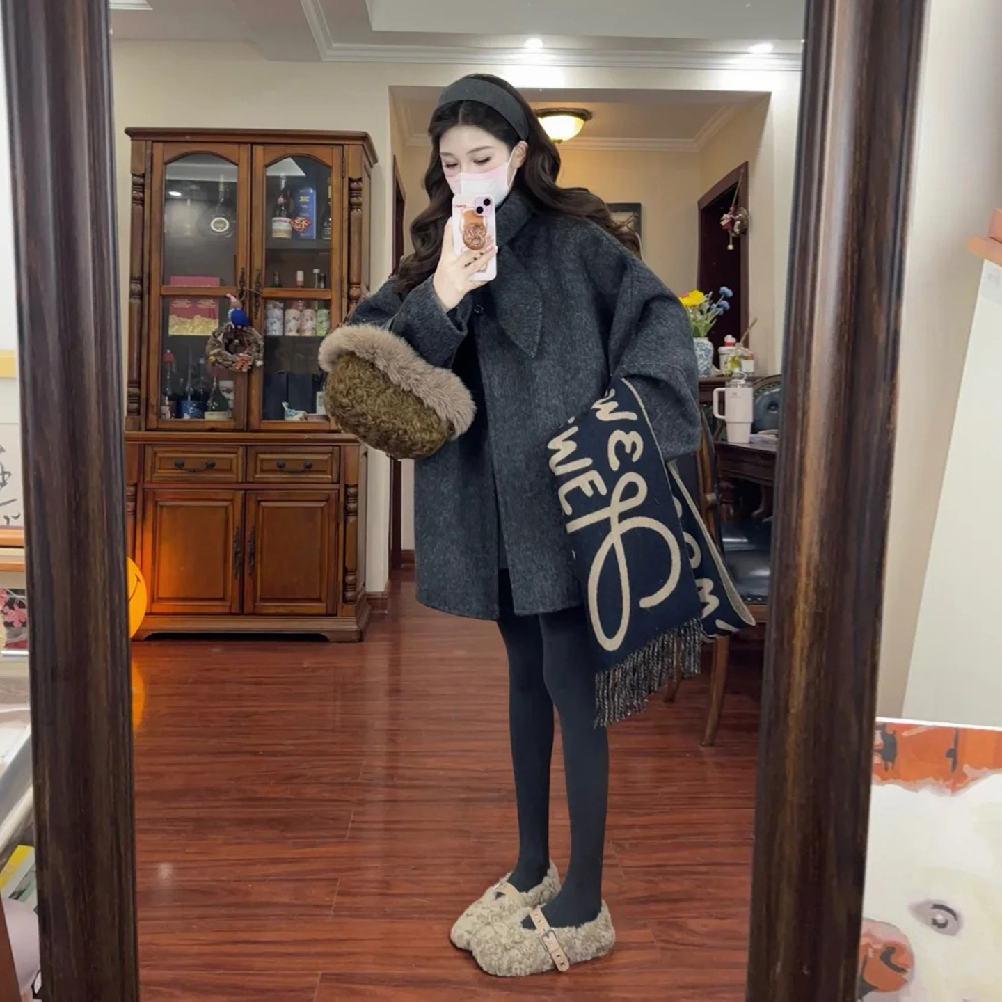 韩系赫本风灰色系带领呢子大衣