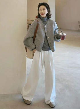 高级感灰色呢子大衣女秋冬季新款韩系慵懒风小个子短款毛呢外套