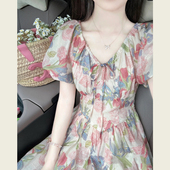 连衣裙女夏季 V领泡泡袖 田园风收腰显瘦碎花长裙 茶歇法式 清仓