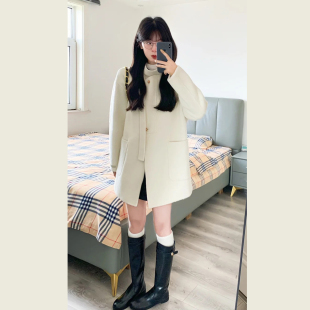 韩系气质通勤米白色呢子大衣女秋冬季小个子中长款显瘦毛呢外套