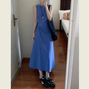 克莱因蓝色圆领收腰连衣裙女夏季新款设计感收腰飘带无袖背心长裙