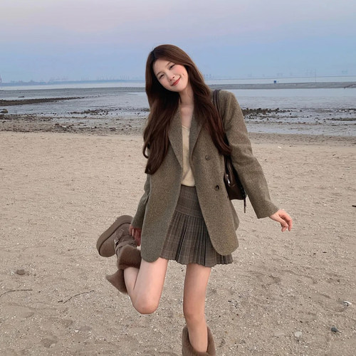 韩系英伦风卡其棕毛呢西装外套