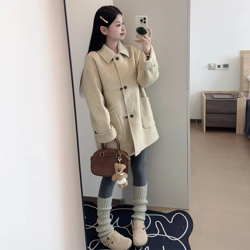 高级设计感双排扣呢子大衣