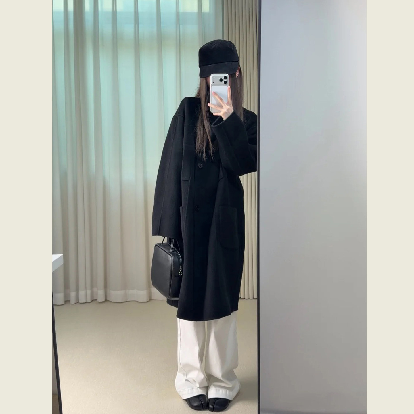 韩系黑色立领中长款呢子大衣女秋冬季小个子宽松显瘦百搭毛呢外套