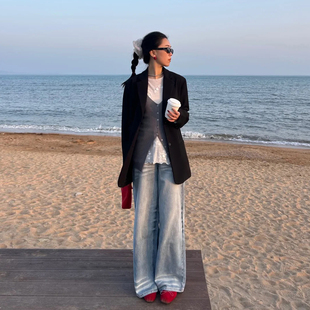 韩系chic黑色西装外套女春秋季新款高级感小个子宽松休闲西服上衣