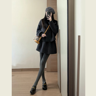 富家千金名媛小香风套装女冬季灰色短款毛呢外套高腰半身裙两件套