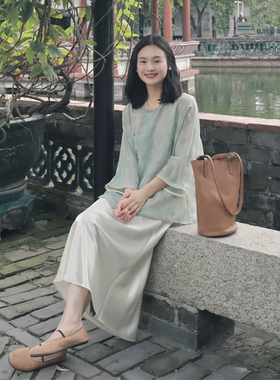 新中式国风禅意茶服套装女夏斜襟圆领七分袖上衣高腰半身裙两件套