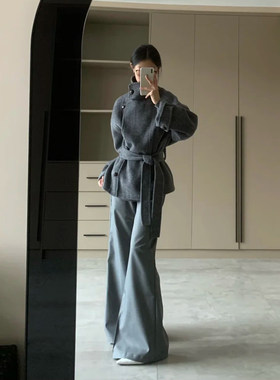 韩系赫本风灰色立领毛呢外套