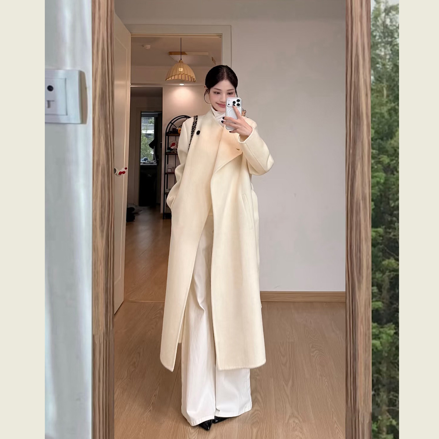 奶白色斜门襟一粒扣系带呢子大衣女秋冬韩系通勤风中长款毛呢外套,女装/女士精品,毛呢外套,淘宝优惠券,粉丝福利购,淘宝优惠卷