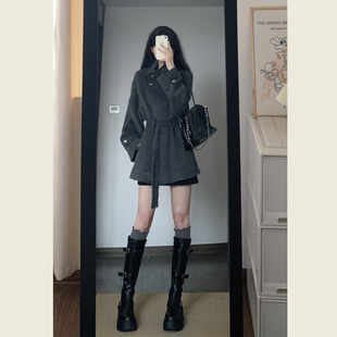 韩系灰色立领中长款毛呢外套女秋冬季小个子系带收腰显瘦呢子大衣