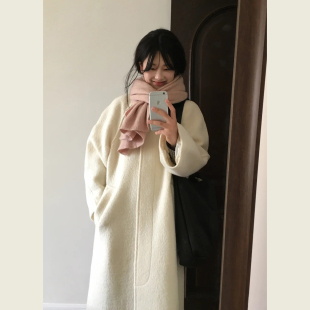 温柔风米白色翻领中长款毛呢外套女秋冬小个子单排扣宽松呢子大衣