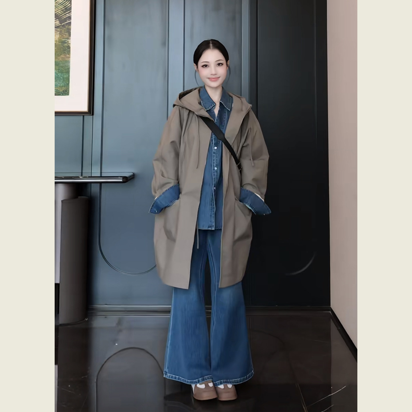学院风卡其灰立领抽绳连帽风衣女春秋季慵懒松弛感中长款休闲外套