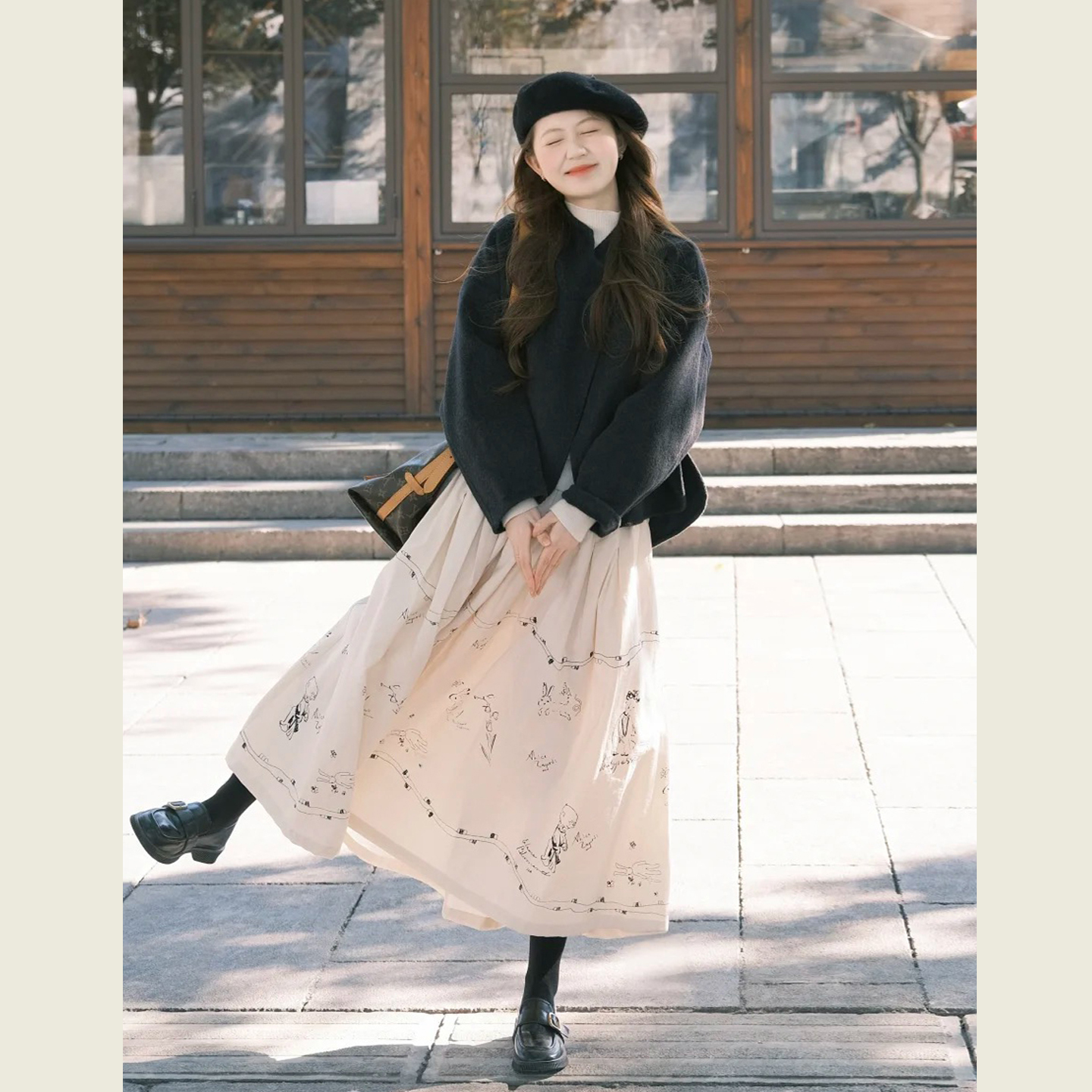 韩系灰色圆领休闲毛呢大衣