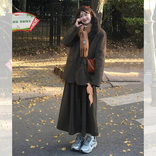 学院风毛呢西装半身裙套装